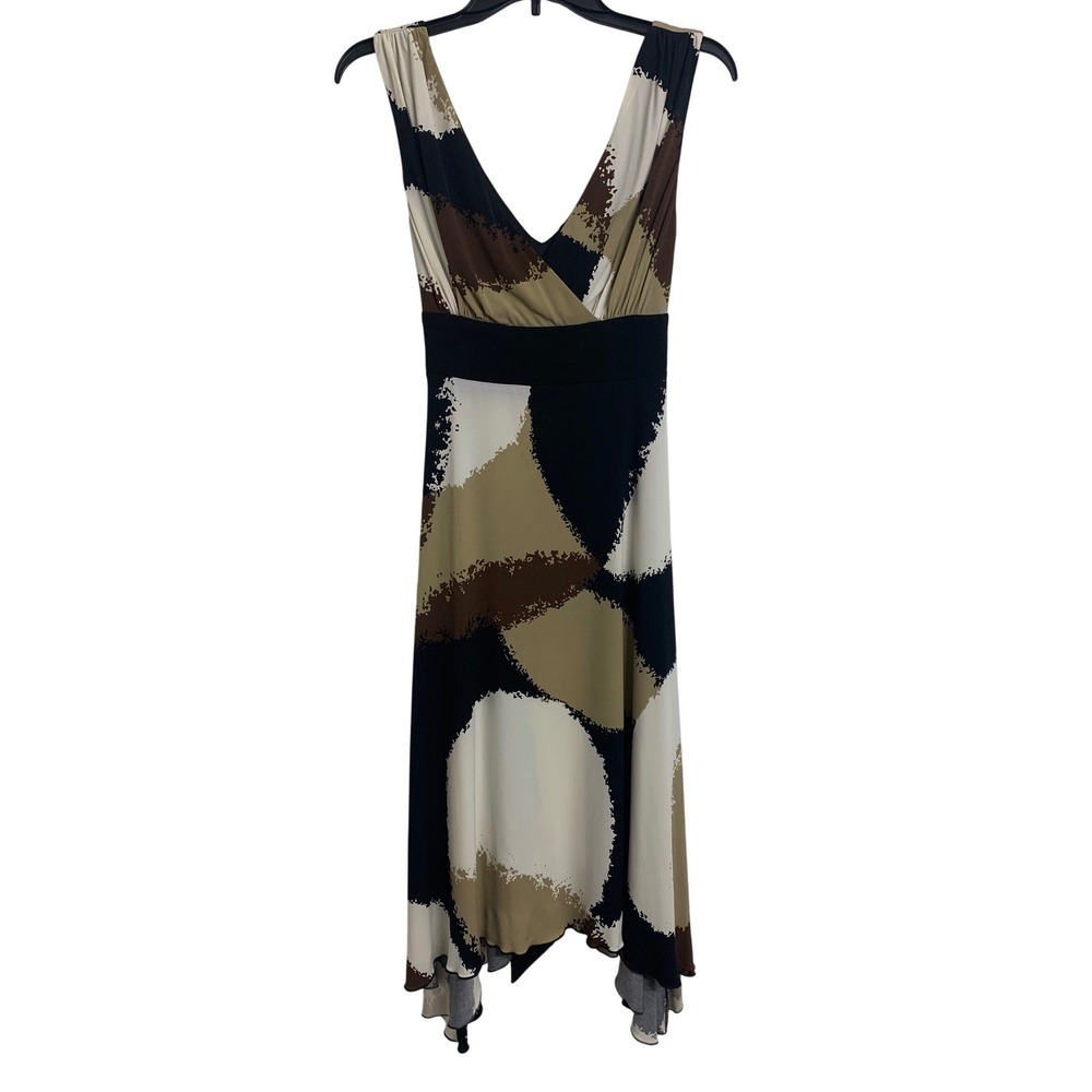 Dressbarn Abstract Print Handkerchief Hem Midi Dress Brown Black Tan Size 8